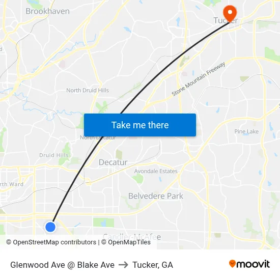 Glenwood Ave @ Blake Ave to Tucker, GA map