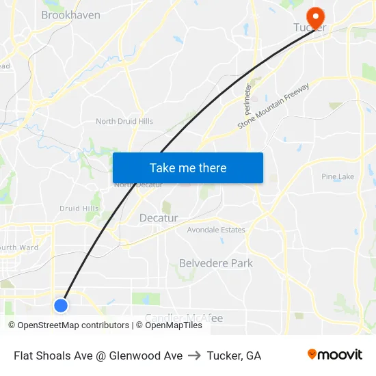 Flat Shoals Ave @ Glenwood Ave to Tucker, GA map