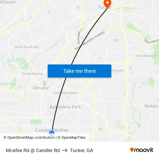 Mcafee Rd @ Candler Rd to Tucker, GA map