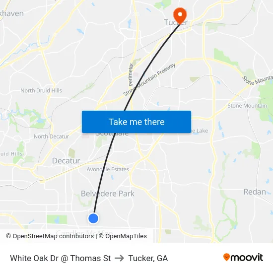 White Oak Dr @ Thomas St to Tucker, GA map