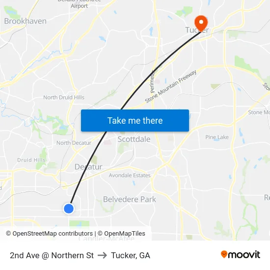 2nd Ave @ Northern St to Tucker, GA map