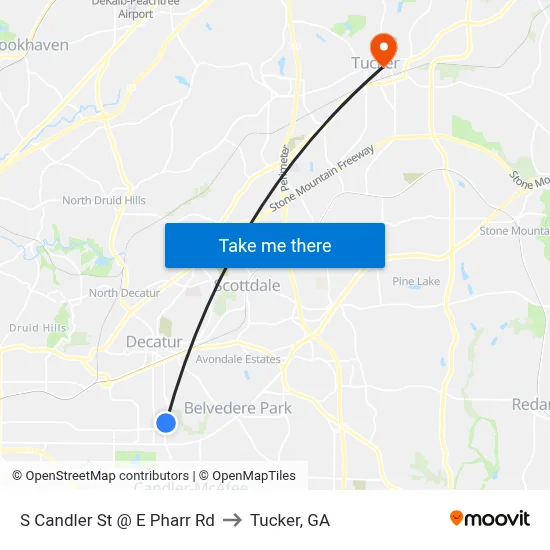 S Candler St @ E Pharr Rd to Tucker, GA map