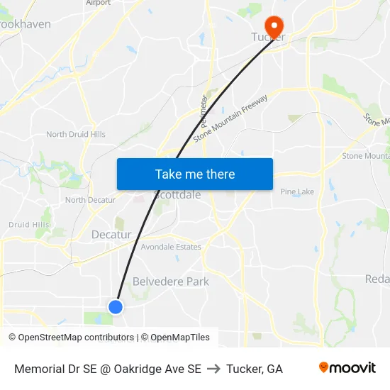Memorial Dr SE @ Oakridge Ave SE to Tucker, GA map
