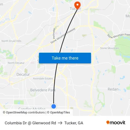 Columbia Dr @ Glenwood Rd to Tucker, GA map