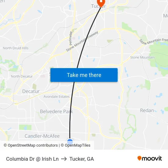Columbia Dr @ Irish Ln to Tucker, GA map