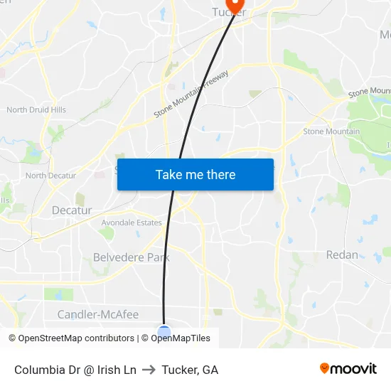 Columbia Dr @ Irish Ln to Tucker, GA map