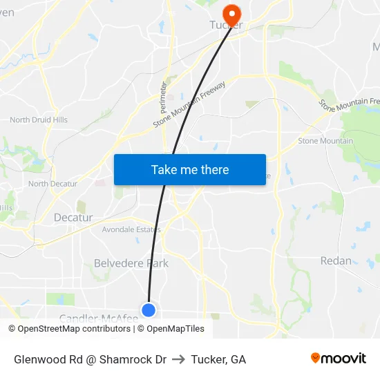 Glenwood Rd @ Shamrock Dr to Tucker, GA map