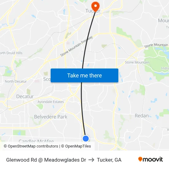 Glenwood Rd @ Meadowglades Dr to Tucker, GA map