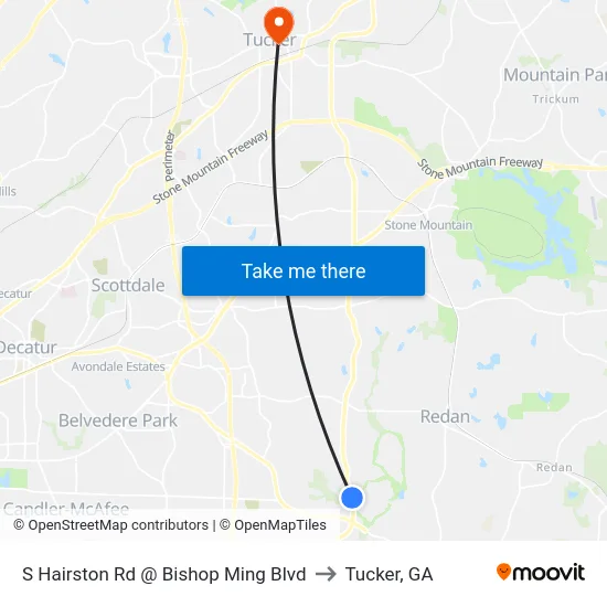 S Hairston Rd @ Bishop Ming Blvd to Tucker, GA map