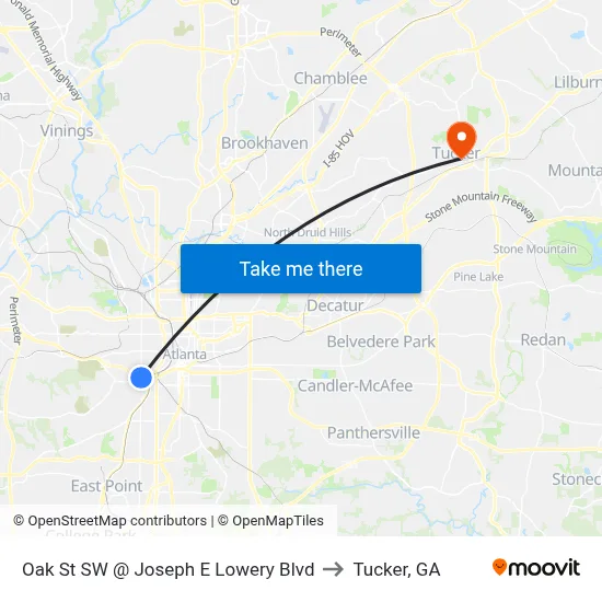 Oak St SW @ Joseph E Lowery Blvd to Tucker, GA map