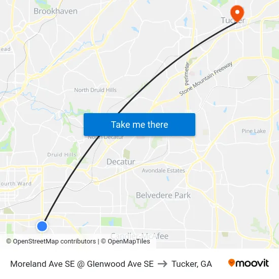 Moreland Ave SE @ Glenwood Ave SE to Tucker, GA map