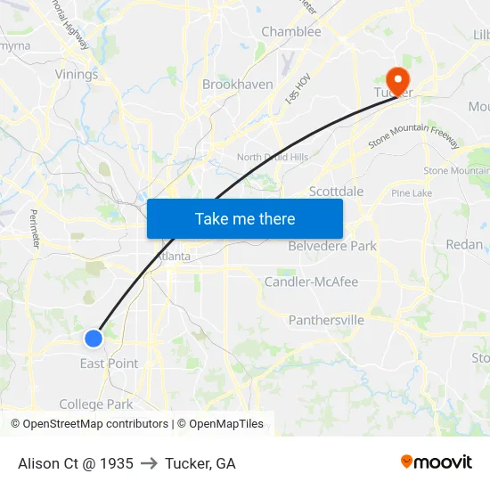 Alison Ct @ 1935 to Tucker, GA map