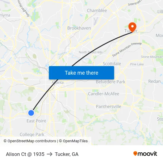 Alison Ct @ 1935 to Tucker, GA map
