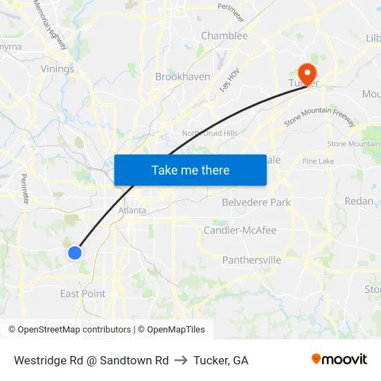 Westridge Rd @ Sandtown Rd to Tucker, GA map