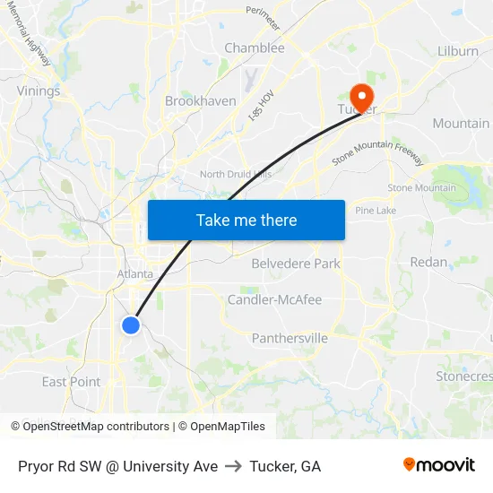 Pryor Rd SW @ University Ave to Tucker, GA map