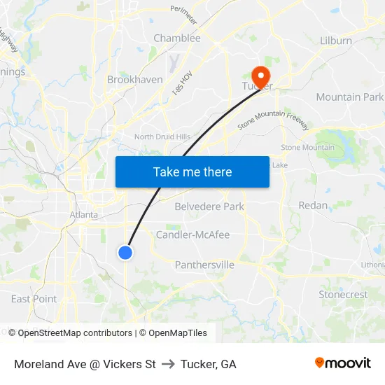 Moreland Ave @ Vickers St to Tucker, GA map