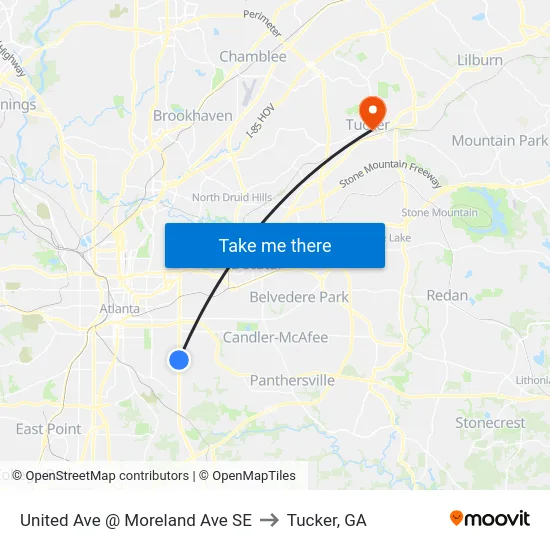 United Ave @ Moreland Ave SE to Tucker, GA map