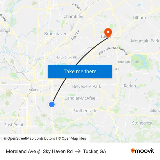 Moreland Ave @ Sky Haven Rd to Tucker, GA map