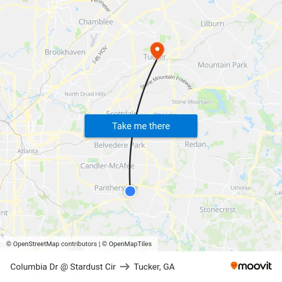 Columbia Dr @ Stardust Cir to Tucker, GA map