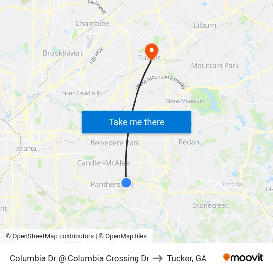 Columbia Dr @ Columbia Crossing Dr to Tucker, GA map