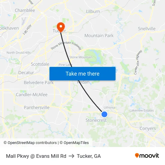 Mall Pkwy @ Evans Mill Rd to Tucker, GA map