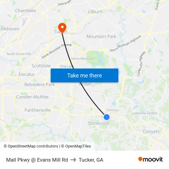 Mall Pkwy @ Evans Mill Rd to Tucker, GA map