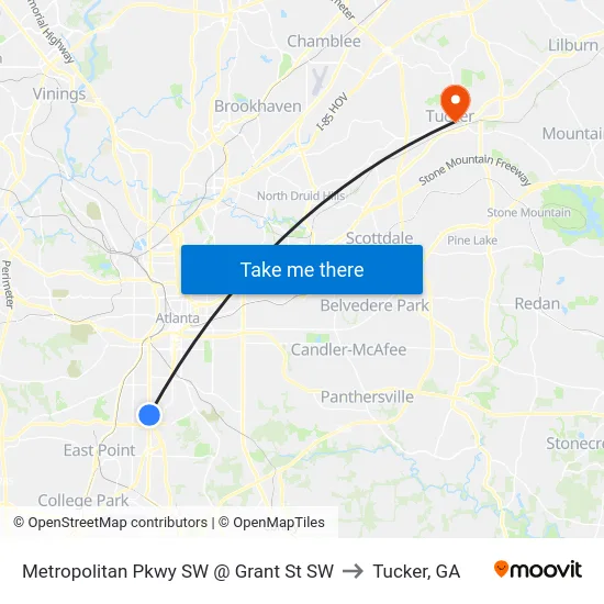 Metropolitan Pkwy SW @ Grant St SW to Tucker, GA map