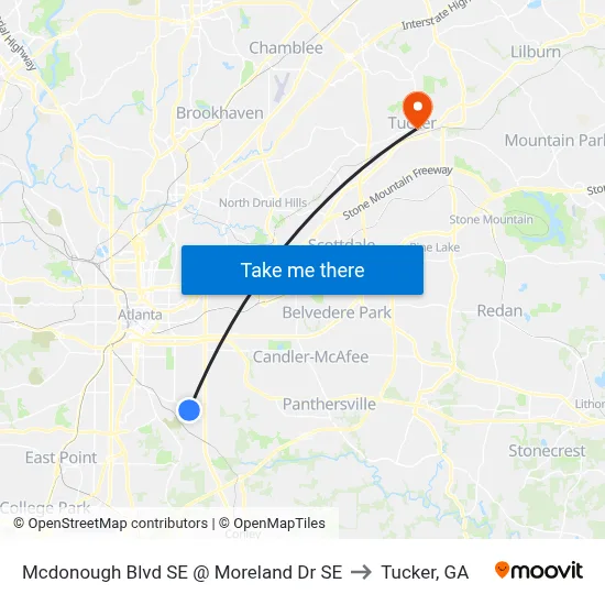 Mcdonough Blvd SE @ Moreland Dr SE to Tucker, GA map