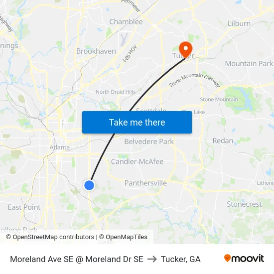 Moreland Ave SE @ Moreland Dr SE to Tucker, GA map