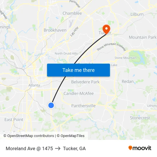 Moreland Ave @ 1475 to Tucker, GA map