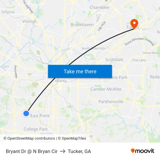 Bryant Dr @ N Bryan Cir to Tucker, GA map