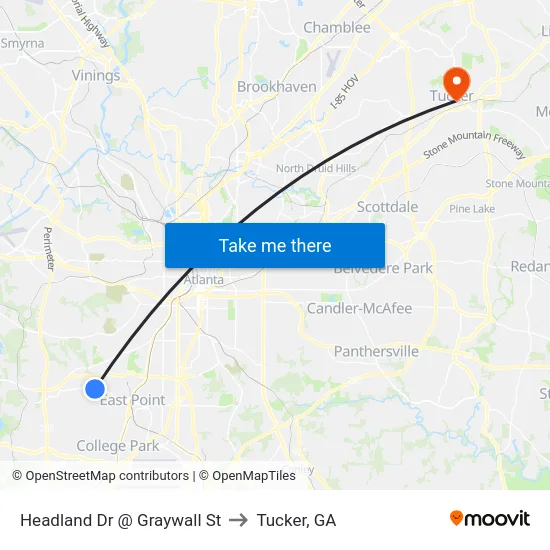 Headland Dr @ Graywall St to Tucker, GA map