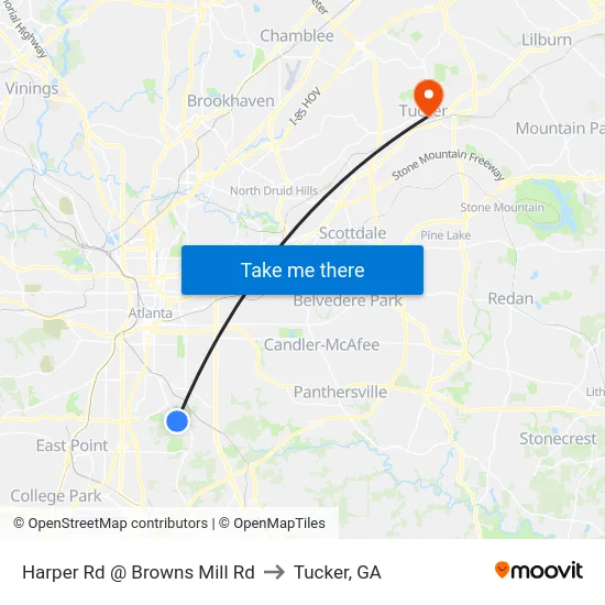 Harper Rd @ Browns Mill Rd to Tucker, GA map