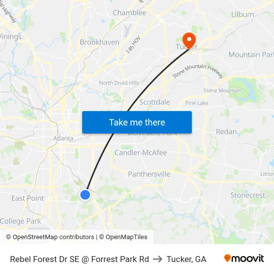 Rebel Forest Dr SE @ Forrest Park Rd to Tucker, GA map