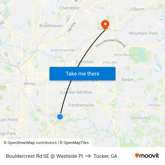 Bouldercrest Rd SE @ Westside Pl to Tucker, GA map