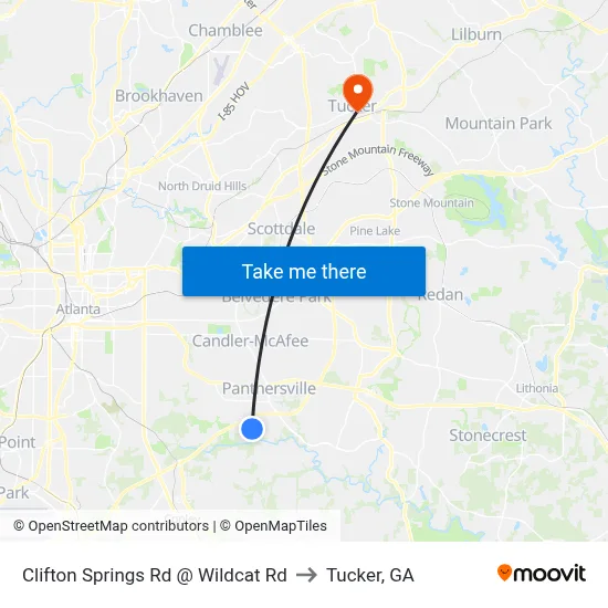 Clifton Springs Rd @ Wildcat Rd to Tucker, GA map
