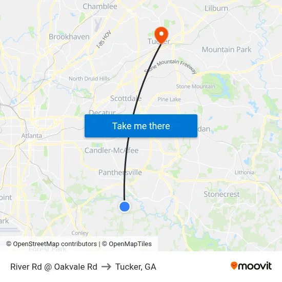 River Rd @ Oakvale Rd to Tucker, GA map
