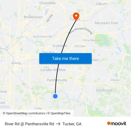 River Rd @ Panthersville Rd to Tucker, GA map