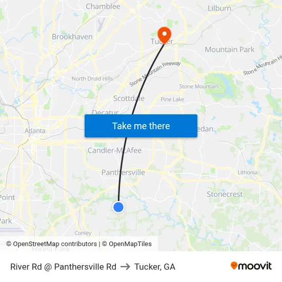 River Rd @ Panthersville Rd to Tucker, GA map