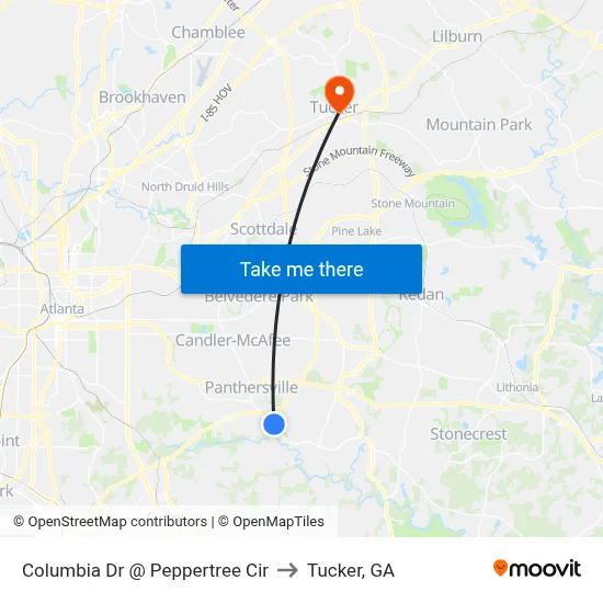Columbia Dr @ Peppertree Cir to Tucker, GA map