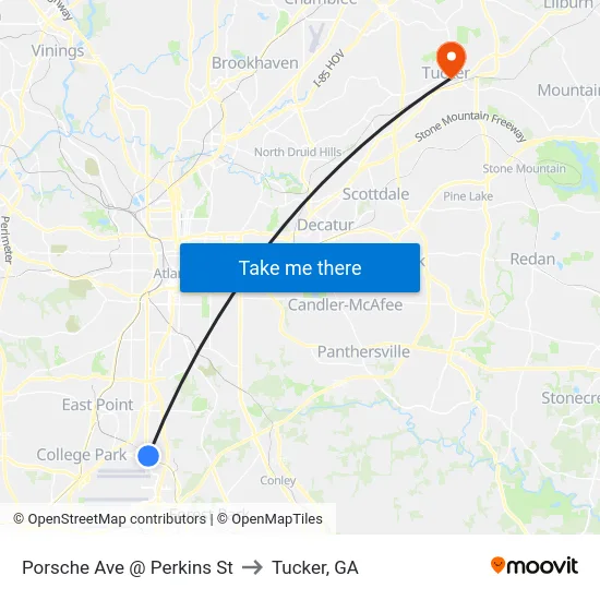 Porsche Ave @ Perkins St to Tucker, GA map