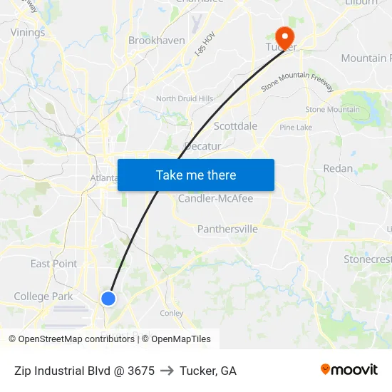Zip Industrial Blvd @ 3675 to Tucker, GA map