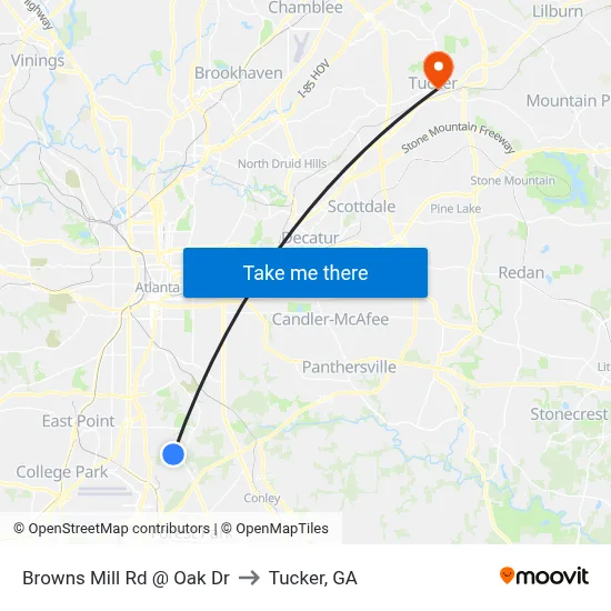 Browns Mill Rd @ Oak Dr to Tucker, GA map