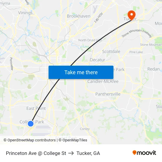 Princeton Ave @ College St to Tucker, GA map