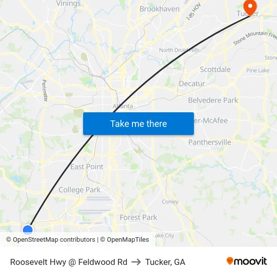 Roosevelt Hwy @ Feldwood Rd to Tucker, GA map