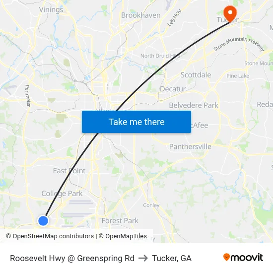 Roosevelt Hwy @ Greenspring Rd to Tucker, GA map