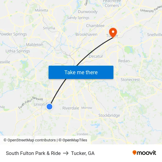 South Fulton Park & Ride to Tucker, GA map