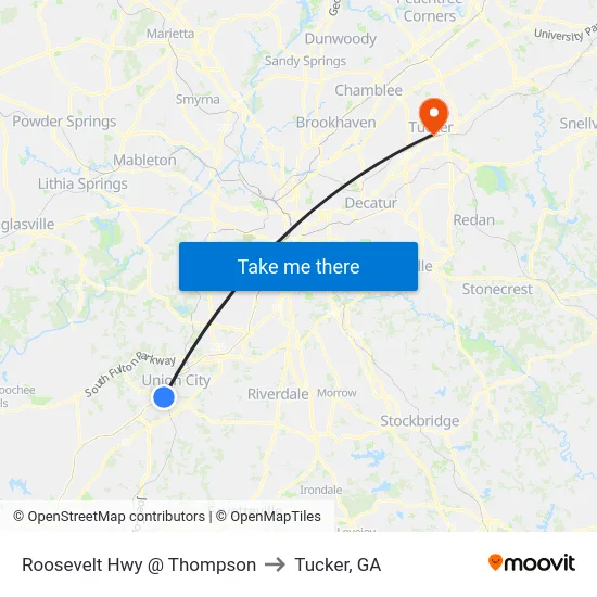 Roosevelt Hwy @ Thompson to Tucker, GA map