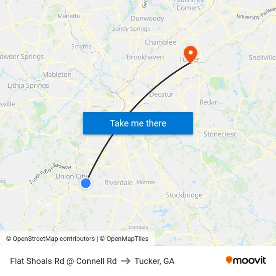 Flat Shoals Rd @ Connell Rd to Tucker, GA map