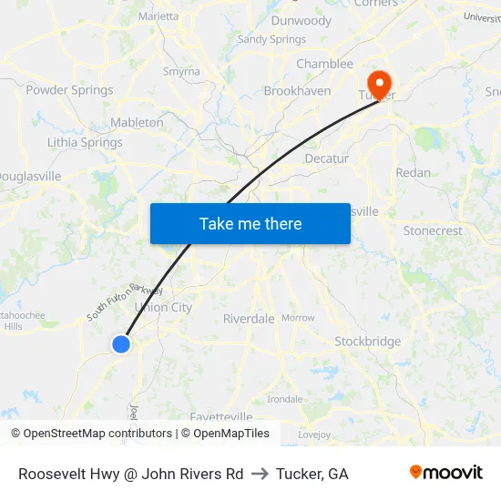 Roosevelt Hwy @ John Rivers Rd to Tucker, GA map